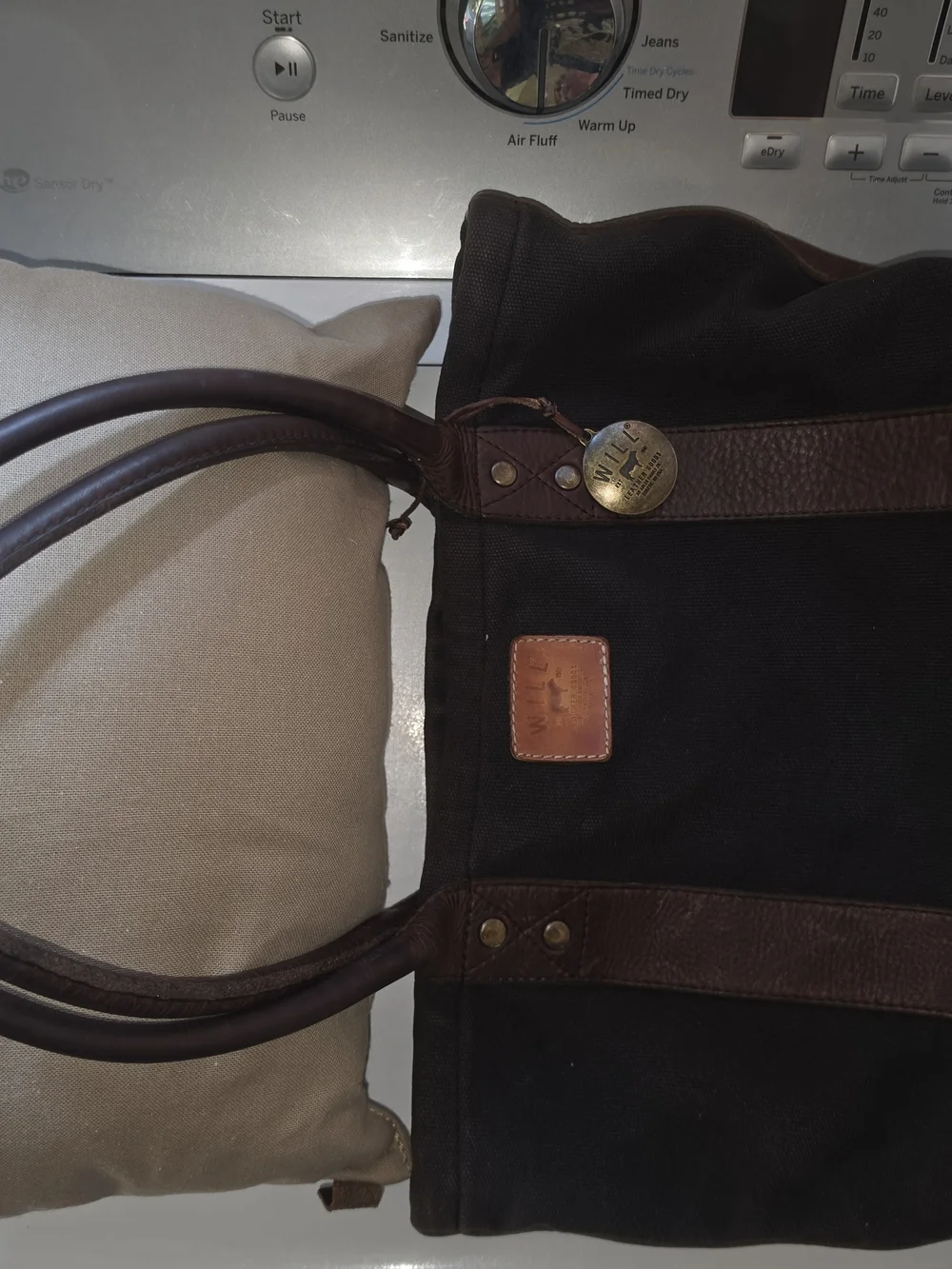 WILL Leather Goods Canvas & Leather Tote Bag w/ Original Travel Pillow